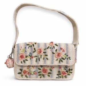 Viral Rose Flower Striped Beaded Bag NWT